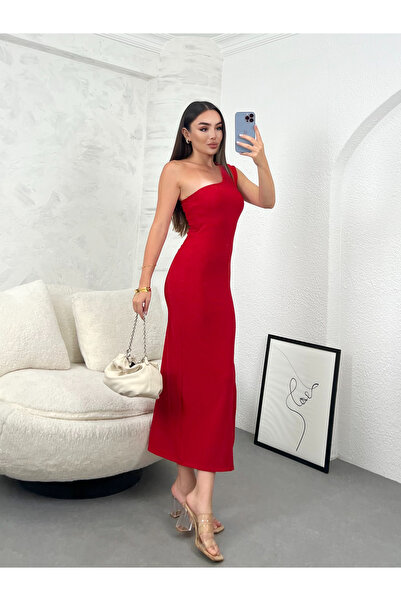 modavingo One Shoulder Red Strap Slit Ottoman Dress