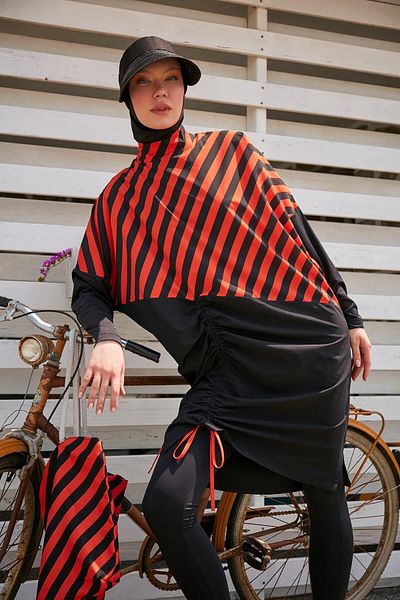 Marina Parachute Striped Black Full Covered Hijab Swimsuit M2307