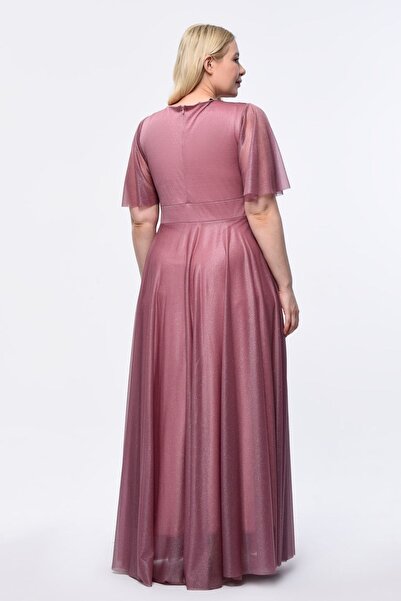 Genel Markalar Işıltı Büyük Beden Simli Tül Esnek Kruvaze Yaka Volan Kol Uzun Büyük Beden Şık Abiye Elbise 3051