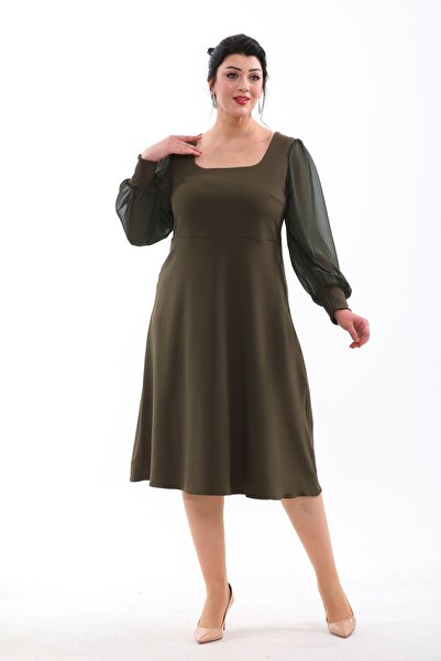 IŞILTI Flexible Chiffon Square Collar Midi Length Plus Size Evening Dress - 3087