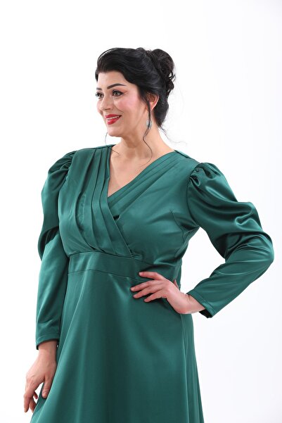 IŞILTI Βραδινό φόρεμα με σατέν διπλό λαιμόκοψη, μανίκια πριγκίπισσας, μεγάλο μέγεθος - 3093