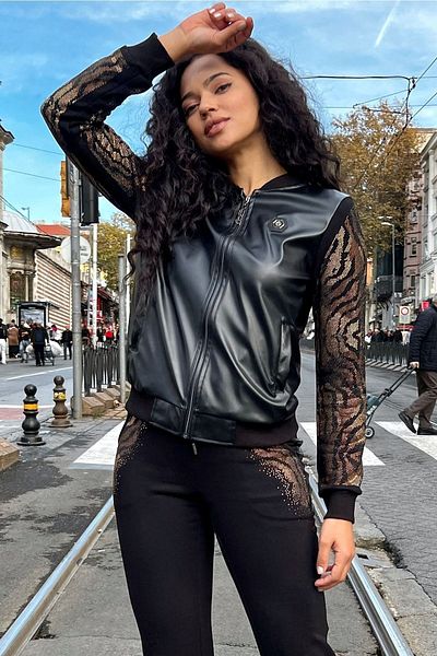 RICH GLAM Γυναικεία αθλητική φόρμα Leopard Print Faux Leather Black - Τρεις κλωστές με φερμουάρ
