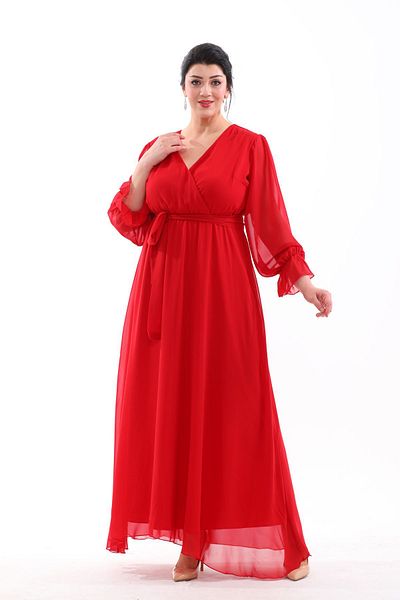 IŞILTI Evening Dress Crossbody Collar Sleeve Ends Rubbered Long Size Large Size Evening Dress 3085