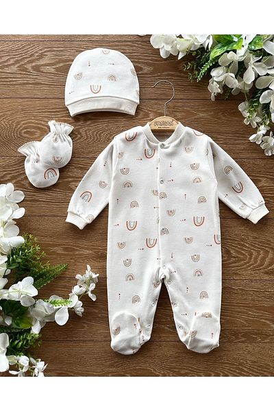 PATSAN Organic 3-Piece Newborn Hospital Release Set with Gloves, Hat, Booties, Baby Rompers Set Rainbow
