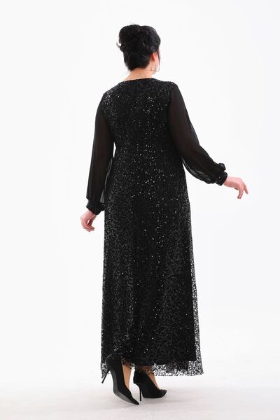 IŞILTI Великий розмір, з паєтками, круазе-комір, шифон, довгі рукави, вечірня сукня - 3080