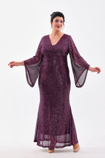 IŞILTI BÜYÜK BEDEN فستان سهرة لامع باللون الأرجواني مزين بالترتر على شكل سمكة، فستان سهرة طويل مرن