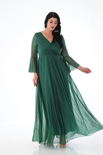 KIRIŞIK فستان سهرة طويل بأكمام طويلة ورقبة متقاطعة من التول الفضي للسيدات