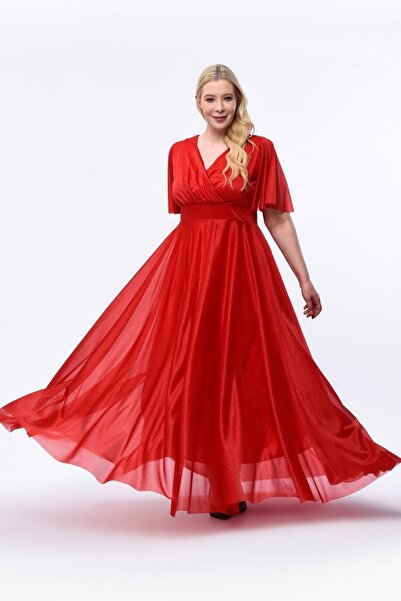 KIRIŞIK Stretchy Tulle and Glitter Detailed Double Breasted Collar Plus Size Evening Dress 3051