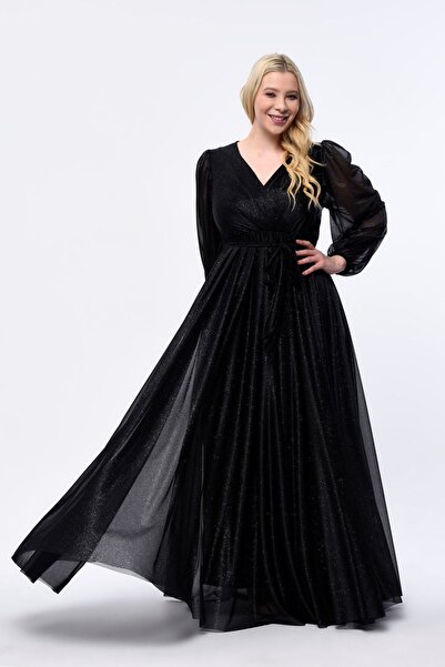 KIRIŞIK Işıltı Simli Tül Kruvaze Yaka Dökümlü Beli Kuşaklı Esnek Büyük Beden Uzun Şık Abiye Elbise 3047