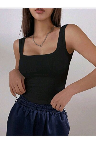 LEMAR MODA Kadın Siyah Kaşkorse Kare Yaka Kalın Askılı Atlet Fitilli Crop Atlet Spor Kaşkorse Atlet 2024