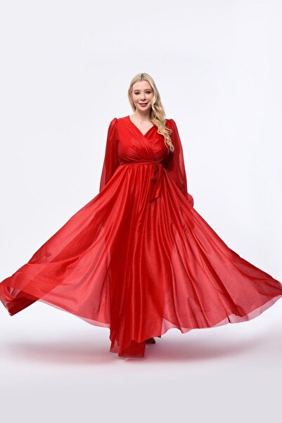 KIRIŞIK Işıltı Simli Tül Kruvaze Yaka Dökümlü Beli Kuşaklı Esnek Büyük Beden Uzun Şık Abiye Elbise 3047