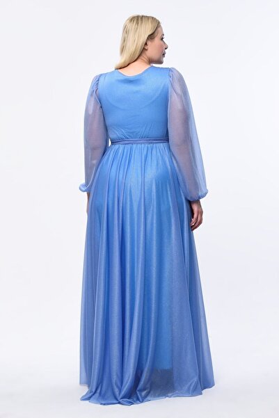 KIRIŞIK Rochie de seară din tul cu sclipici, elastică și cu eșarve, mărime mare - guler dublu 3047