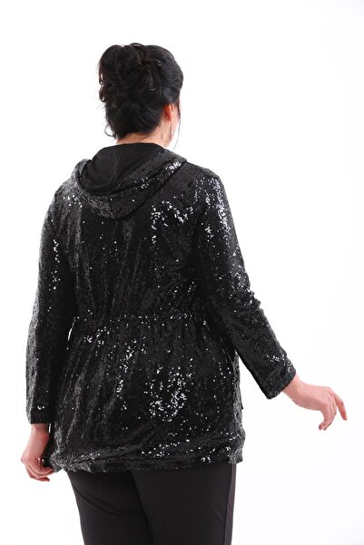 IŞILTI Black Elastic Hooded and Lined Large Size Jacket - Arlak Sequined, Model 3110