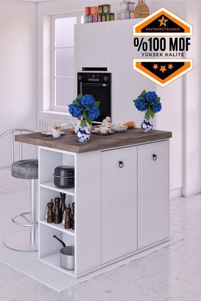 rafineritasarım Mdf Adore Çok Amaçlı Mutfak Adası 2 Kapaklı Raflı