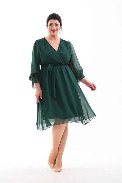 IŞILTI Βραδινό φόρεμα Midi σε μεγάλο μέγεθος - Διπλό λαιμόκοψη και ελαστικά μανίκια, Φόρεμα 3086