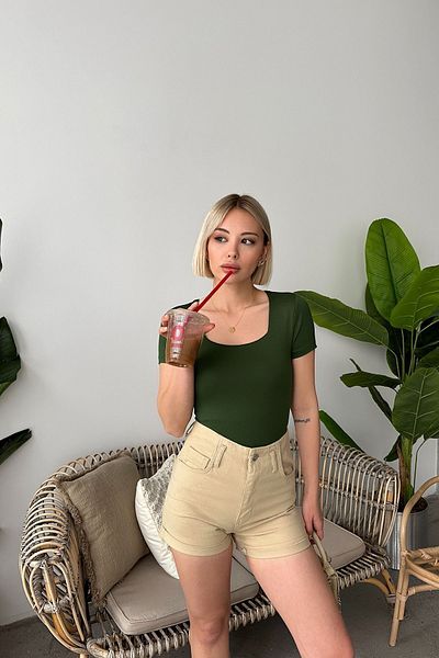 LACHT Women's Short Sleeve Square Neck Khaki Viscose Blouse
