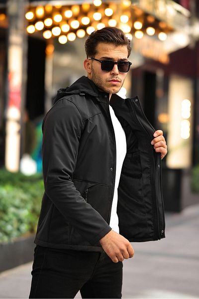 MACSYLEN Cold, Water and Windproof Men's Black Removable Hooded Softshell Coat with Fur Inside