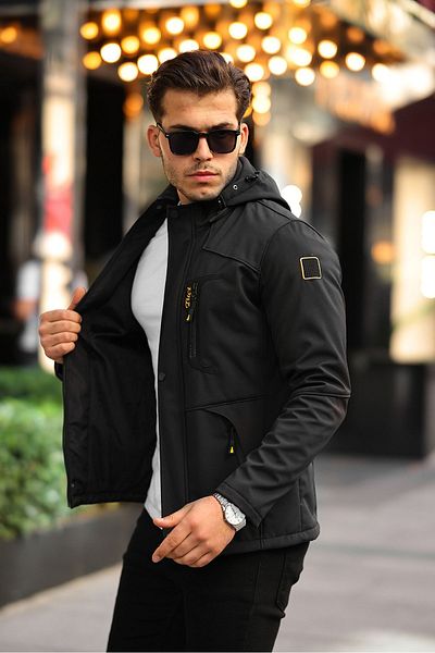 MACSYLEN Cold, Water and Windproof Men's Black Removable Hooded Softshell Coat with Fur Inside