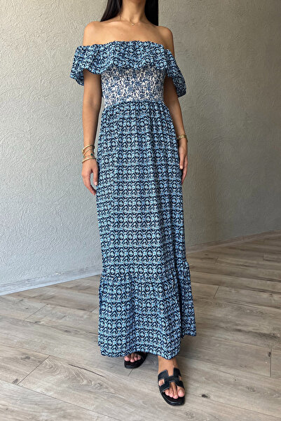 Seda Yalçın Atelier Φόρεμα Madonna με γιακά με σκούρο μπλε σχέδιο Gipeli