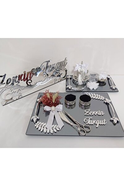 Hayaller Dükkanı 3 Lü Set Tepsi Yaprak Desenli Söz Nişan Tepsisi Ve Damat Kah...