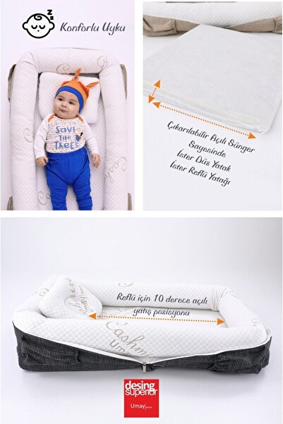 Umaybebek Portable Original Reflux Bed with Bag, Pillow, Babynest, Mother Bag - Woven Gray