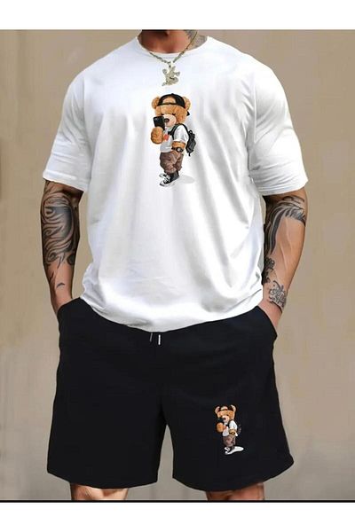 NO 601 Men's White Selfie Teddy Bear Printed T-Shirt Black Printed Combed Cotton Short Set