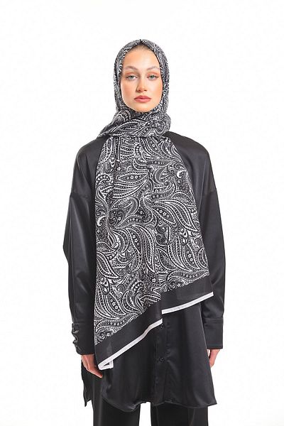 19V69 ITALIA Şal negru crem cu model geometric Seria Pavia cu agatator pentru eşarfe şi set cadou 75x200 cm
