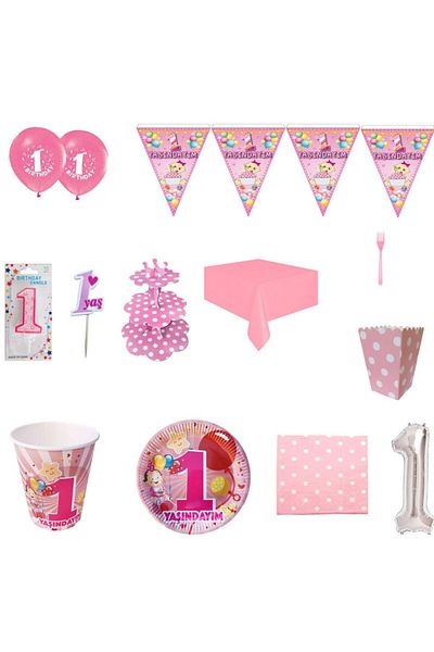 Hayaller Dükkanı Economical Birthday Tableware Set for 1 Year Old 8 People - Blue