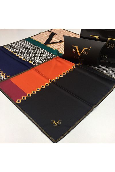19V69 ITALIA Γυναικείο Μαύρο Πορτοκαλί Twill Κασκόλ Μαύρη Σειρά 90x90 cm με λουράκι κασκόλ