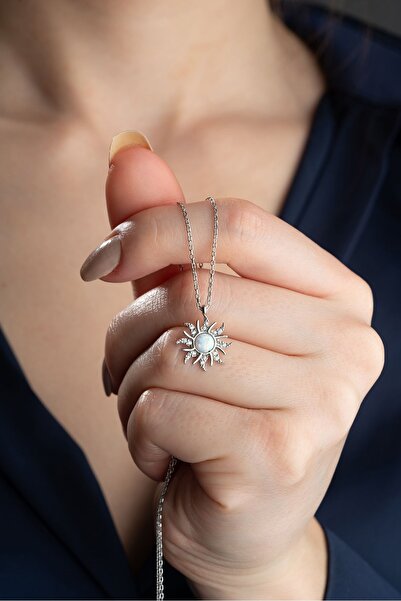 Silvano Jewelry 925 Ayar Opal Taşlı Güneş Gümüş Kolye