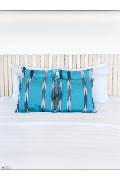 TheBohoHomeDecor Ev Modern Serisi - Kutnu Ikat Turkuaz Ipek Tek Kırlent