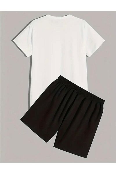NO 601 Men's White Selfie Teddy Bear Printed T-Shirt Black Printed Combed Cotton Short Set