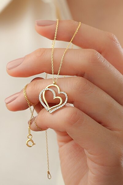 Silvano Jewelry 925 Ayar Gümüş Gold Çift Kalp Kolye