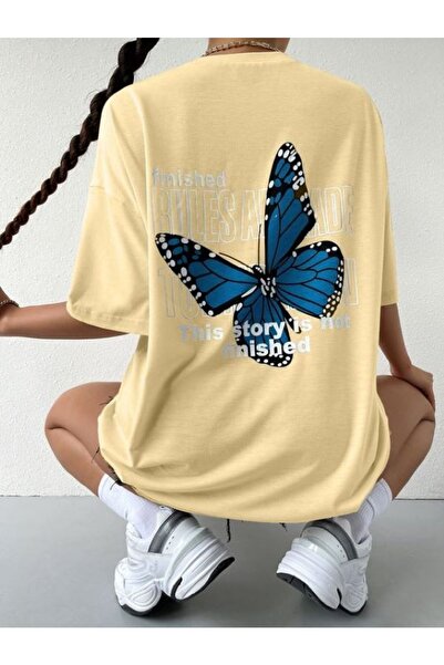 NO 601 Tricou oversize la modă unisex - Imprimat fluture galben transparent