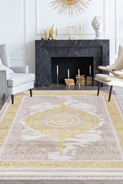 Kervansaray Home Kervansaray Figürlü Krem Gold Dekoratif Oturma Odası Ve Salo...