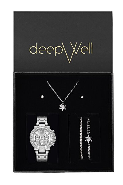 DEEPWELL Gümüş Renk Kadın Kol Saati Kolye Bileklik Küpe Seti HM09