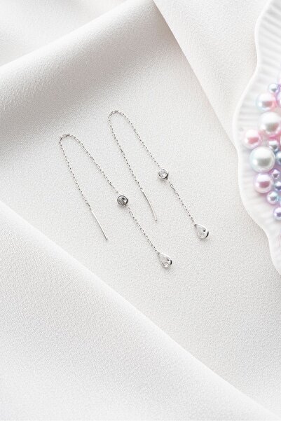 Nereze 925 Ayar Gümüş Rodyum Kaplama Zirkon Taşlı Damla Zincir Küpe