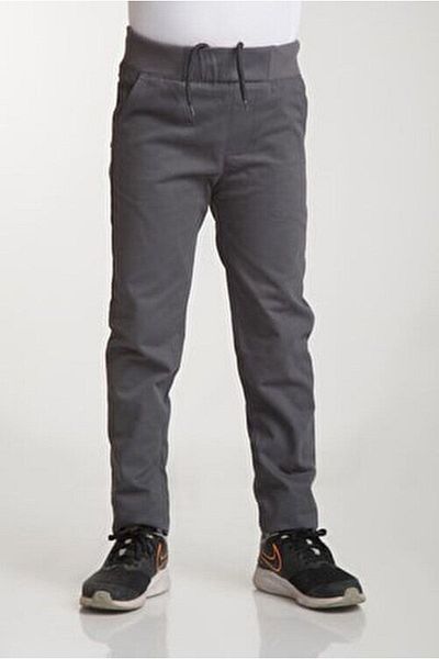 OKULCA Gray Ribbed Waist Lycra Canvas School Trousers