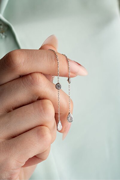 Nereze 925 Ayar Gümüş Rodyum Kaplama Zirkon Taşlı Damla Zincir Küpe