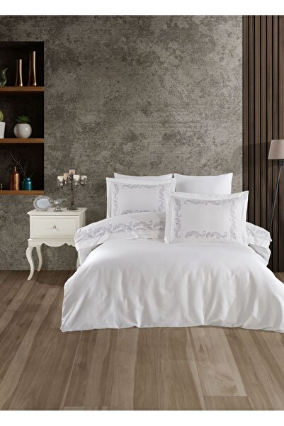 Dantela Angelina Embroidered Gray Cotton Satin Duvet Cover Set