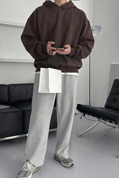 North London Erkek Üç İplik Kapüşonlu Üç İplik Şardonlu Kahverengi Sweatshirt