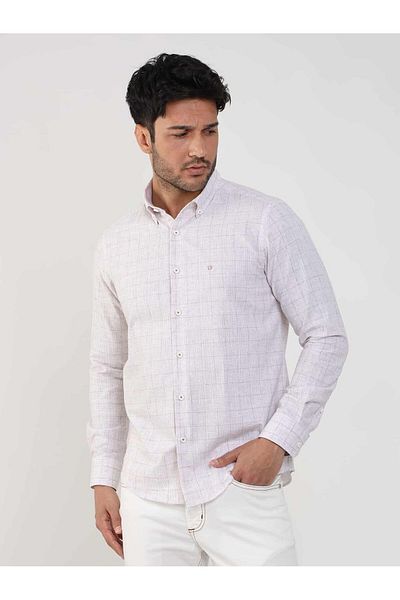 Dufy Beige Men's Slim Fit Shirt - Checkered Collar, Long Sleeve -104875