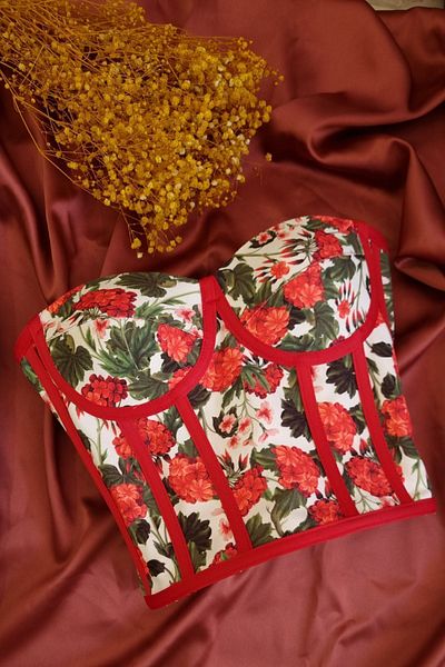 FİYPER Red Flower Patterned Tie-Up Corset Bustier Ready Size