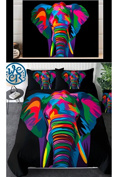 Elmas Dizayn طقم غطاء لحاف مزدوج مكون من 4 قطع - لون أسود، ستارة خلفية، إنتاج...