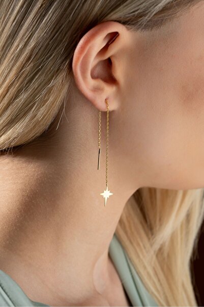 Nereze 925 Ayar Gümüş Gold Kaplama Kutup Yıldızı Zincir Küpe