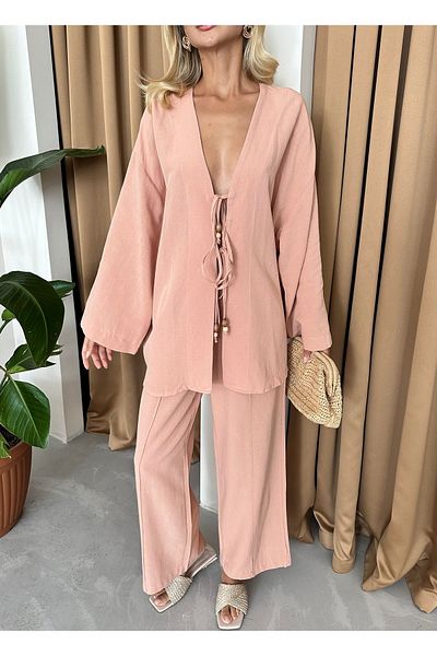 Laluvia Set aus Leinenkimono und lachsfarbenem Perlenanzug