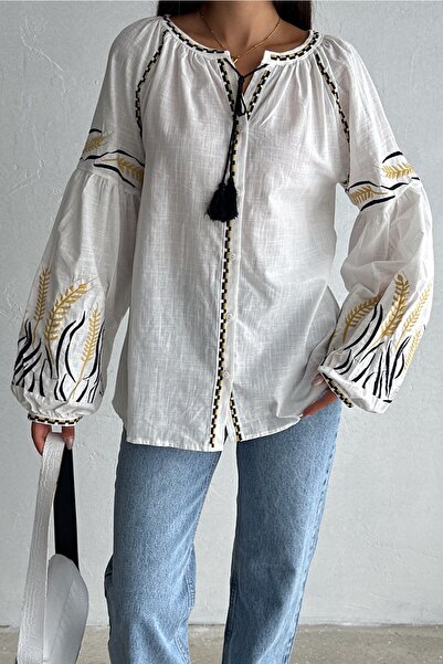 FEMELLE Kadın Beyaz Düğme Detaylı Püsküllü Balon Kol Nakış İşlemeli Pamuklu G...