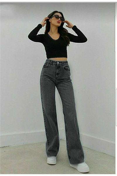 TRENDNATUREL Secret Дамски широки дънки от 90-те години на пушена ликра Свободни широки антрацитни дънки