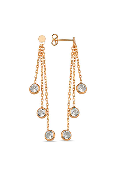 Nereze 925 Ayar Gümüş Rose Kaplama Sallantılı 3'Lü Zirkon Taşlı Küpe