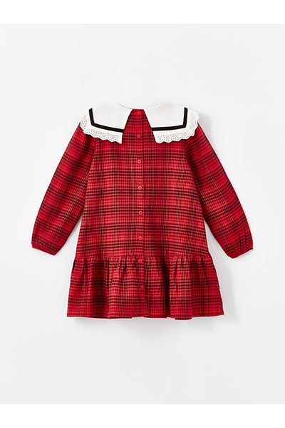 LC Waikiki Lcw Baby - Red Plaid Print Baby Collar Long Sleeve Baby Girl Dress